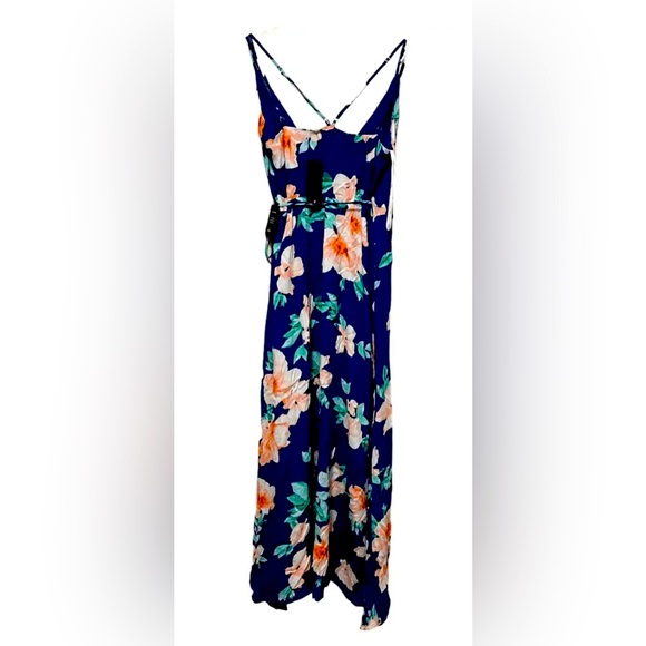 Lulus Blooming Bright Blue Floral Print High-Low Wrap Midi Dress Size Small NWT - Picture 6 of 10